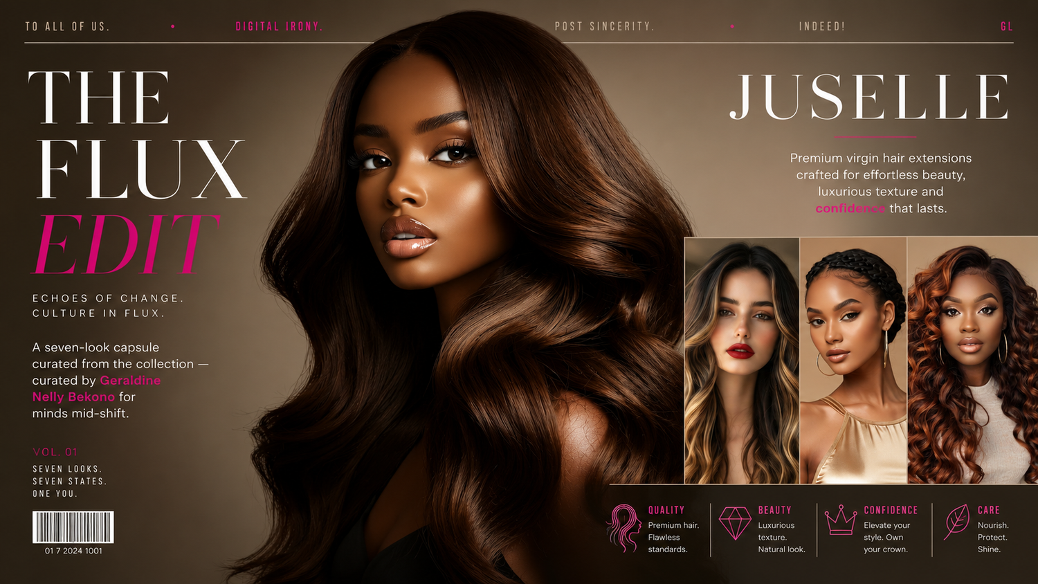 Book cover for 'The Flux Edit' hair extension collection by Juselle, featuring a large portrait of a woman with long, wavy brown hair on the left and three smaller model photos on the right showcasing different hair extensions. The cover has a dark brown background with pink and white text.